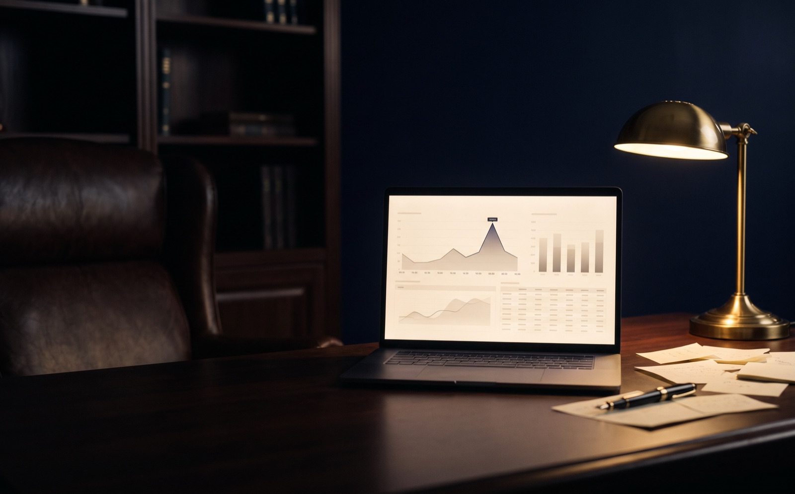 Tableau de bord d'une campagne Google Ads affiché sur un portable, dans un bureau d'avocat éclairé à la lampe, tard le soir